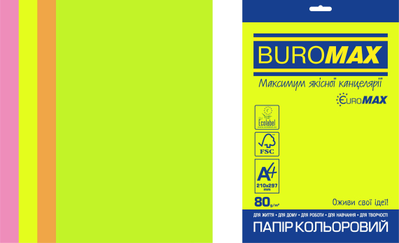 Фото - Папір кольоровий Euromax 80г/м2, NEON, 4 кольори,  20арк. 52767