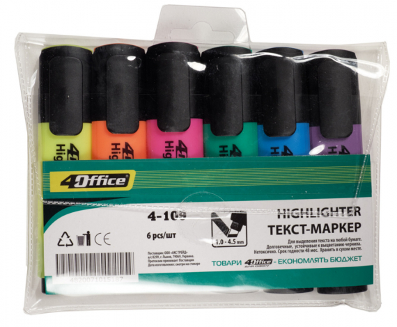 Фото - Набір текстмаркерів, 6 шт,1-5мм, 4-109/6, 4Office 32958 Фото - Набір текстмаркерів, 6 шт,1-5мм, 4-109/6, 4Office 32958
