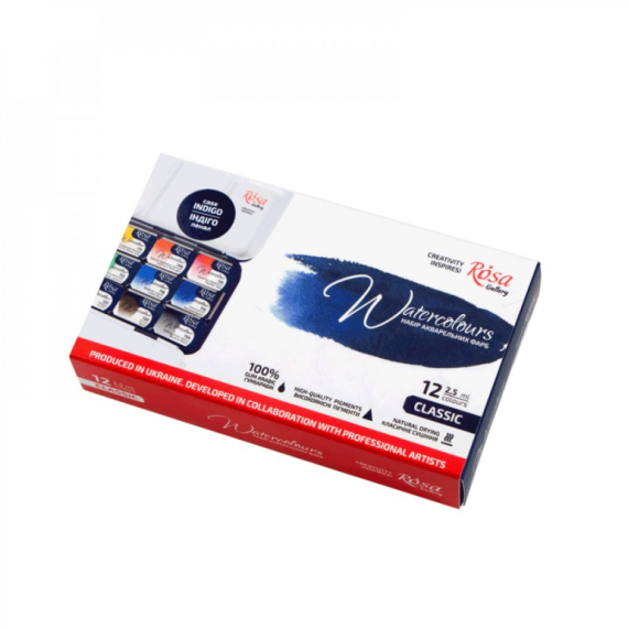Фото - Набір акварельних фарб CLASSIC, 12*2,5мл, кювета, Індіго метал. пенал, ROSA 61882 Фото - Набір акварельних фарб CLASSIC, 12*2,5мл, кювета, Індіго метал. пенал, ROSA 61882