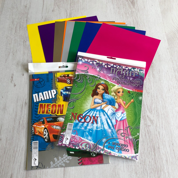 Фото - Папір кольоровий двосторонній  НЕОН, 8 кольорів+срібло+золото, ф.А4 крейд. (уп.25) 23438