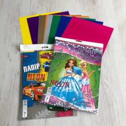 Фото - Папір кольоровий двосторонній  НЕОН, 8 кольорів+срібло+золото, ф.А4 крейд. (уп.25) 23438