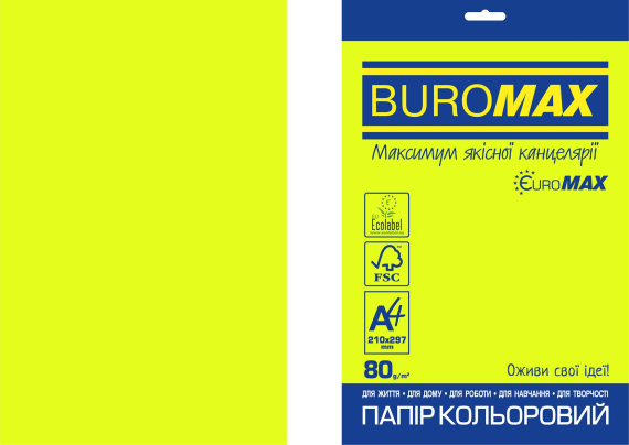 Фото - Папір кольоровий Euromax 80г/м2, NEON, 4 кольори,  20арк. 52767