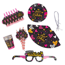 Набір до дня народження на 6 персон, 36 пр: окуляри,стакани,тарілки18см, дудки, ковпачки Серця