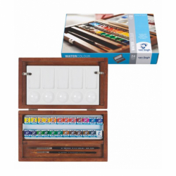 Набір акварельних фарб, VAN GOGH, 24кювети,пензлі - 2шт, палітра, дер.коробка, Royal Talens