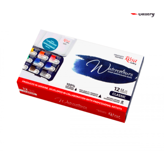Фото - Набір акварельних фарб CLASSIC, 12*2,5мл, кювета, Бірюза метал. пенал, ROSA 61883