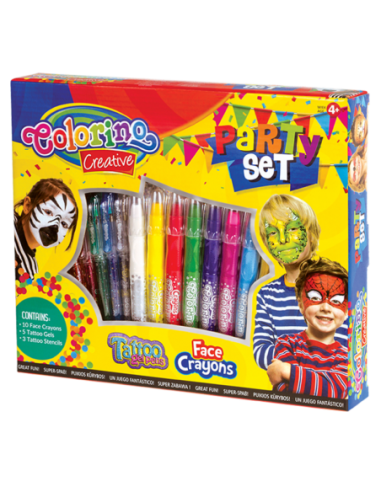 Фото - Крейда для обличчя в наборі PARTY SET 10 кол.+ 5 ручок ТАТОО+ 3 трафарети подарунк. уп.COLORINO 56680