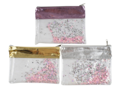 Косметичка з комбінованих матеріалів, пу + прозорий ПВХ, що розсипаються блискітками 23*16см, 3 кол.