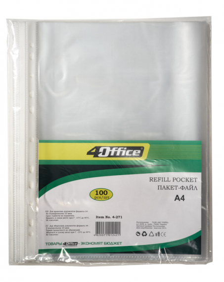 Фото - Файл, А4, РР, 25мкн,прозр., уп.100шт., 4-271, 4Office (ящ.40) 33116 Фото - Файл, А4, РР, 25мкн,прозр., уп.100шт., 4-271, 4Office (ящ.40) 33116