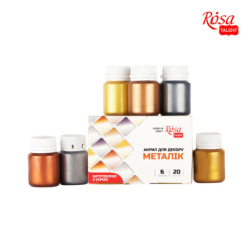Фото - Набір акрилових фарб для декору, металіки, 6 кол.*20мл, ROSA ТАLENT 36725
