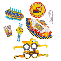Набір до ДН на 6 персон, 36 пр: окуляри,стакани,тарілки18см, дудки, ковпачки Будівельні машини
