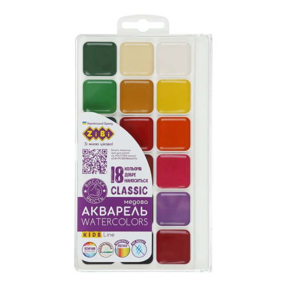 Фото - Акварель CLASSIC, 18 кол., без/п, пласт./кор., KIDS Line,уп.12шт 62859