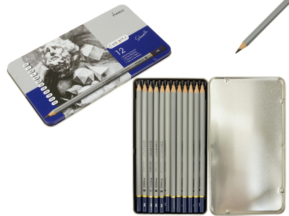 Фото - Олівці графітні 12 шт  (2H-9B)  шестигран. в метал. пеналі .Chroma, 8015-12TN,ТМ'Marco' 62029