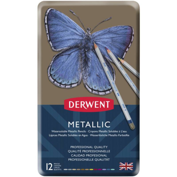 Фото - Набір водорозчинних олівців Metallic, 12 шт, мет. коробка, Derwent 57283
